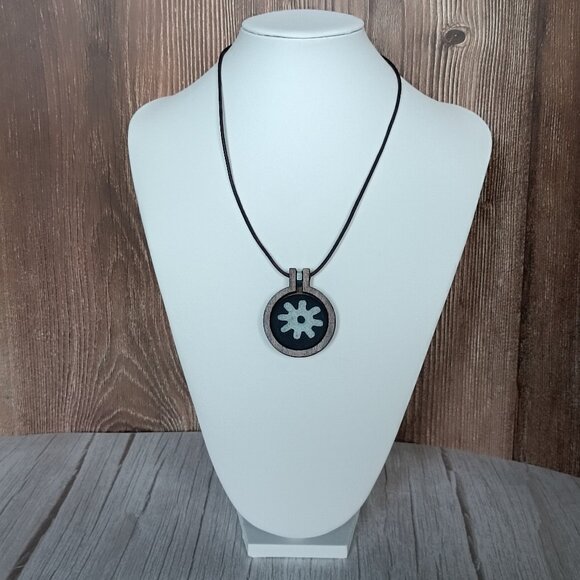 "Hviezda" Industrial Indigo "Modrotlač" Necklace - Wood & Chrome Accent. - Picture 1 of 5